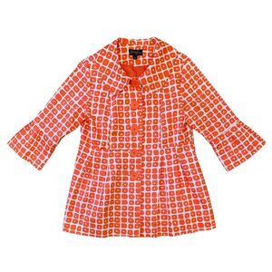 Eden Court Orange Geometric Dress Jacket Shirt Blazer Fitted Flare | EUC | Sz L